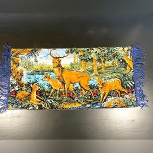Vintage Deer Tapestry Rug Wall Hanging Blue Fringe Lodge Cabin